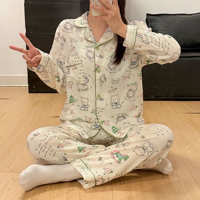 Estudiantes coreanos dulce caricatura perro impresión pijama de primavera y otoño nuevo algodón nubes manga larga set de ropa para el hogar
