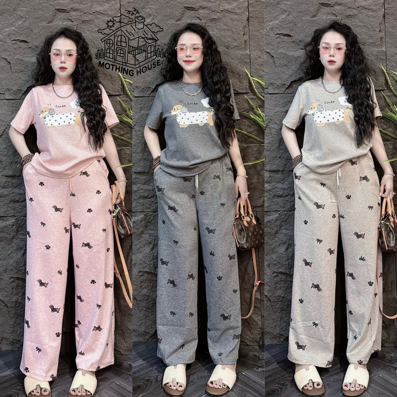 Southeast Asian Fashion suit Women's Summer New Puppy Printed Short-sleeved Short-sleeved Slimming Straight Wide-leg Pants Two-piece Set