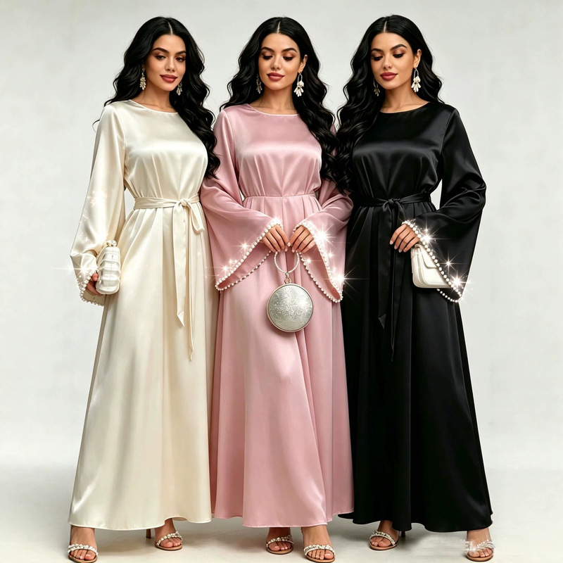 High-quality in-stock European and American fashion long dress 2026 new model beaded bell-sleeve long dress cross-border satin High-quality in-stock European and American fashion long dress 2026 new model beaded bell-sleeve long dress cross-border satin