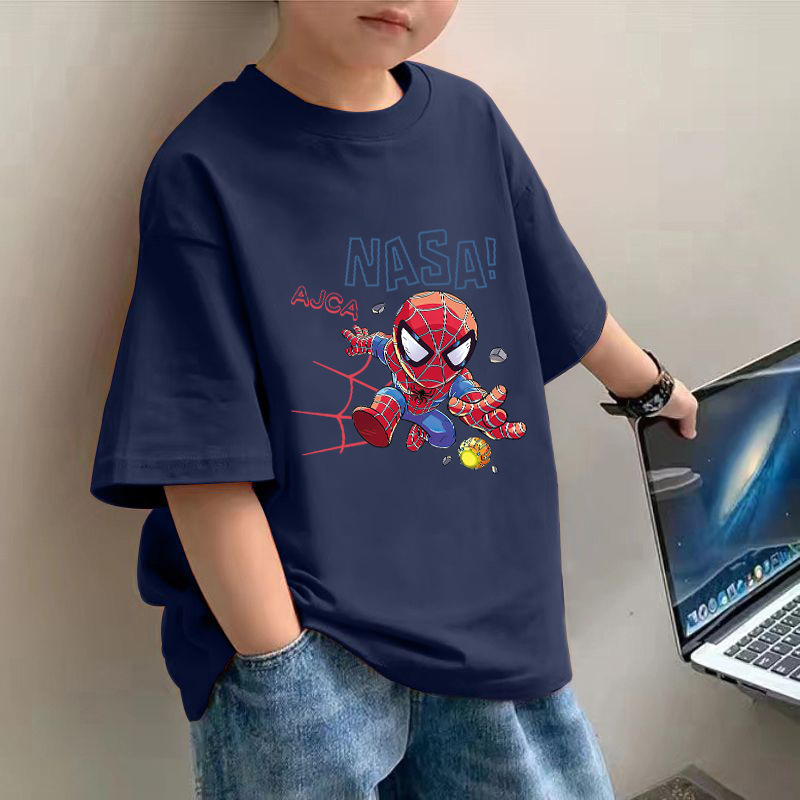 Cotton Children's Wear Short-sleeved Summer New Arrival Spider-man Printed Top Mid-large Children's Half-sleeved Loose Boys T-shirt