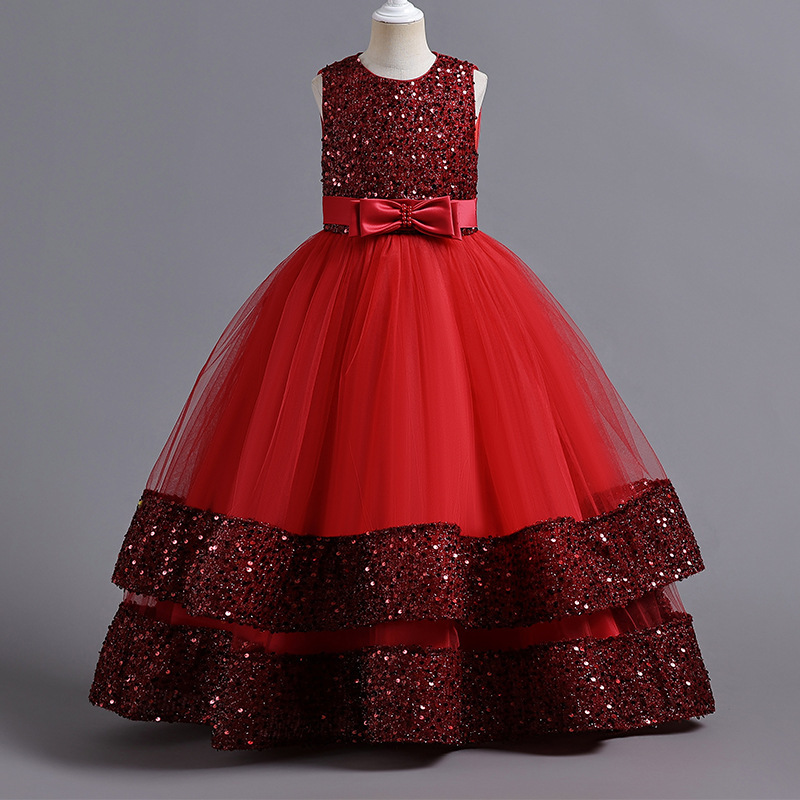 Foreign Trade New Children's Dress Sequins Children's Dress Bow Princess Dress Girl Flower Girl High-end Piano Performance Dress