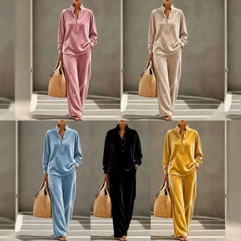 2026 Cross-Border Foreign Trade Amazon Independent Station Korean Velvet Long-Sleeve Buttoned Autumn-Winter Casual Women's Pants Set