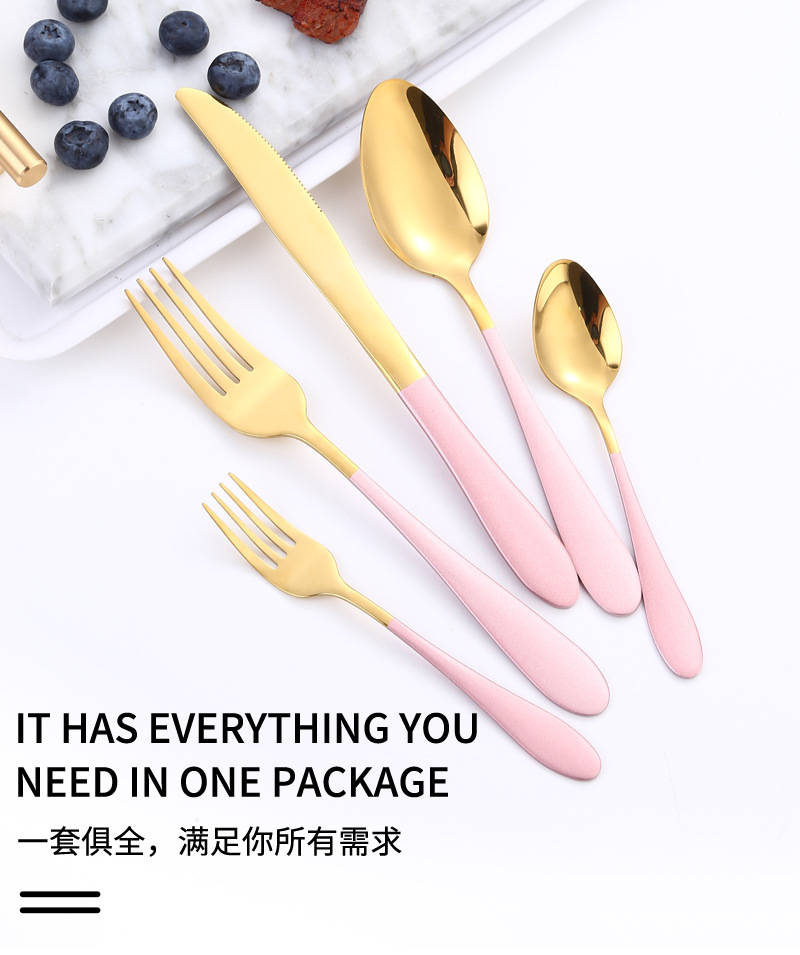 Procesamiento de muestras personalizado de cubiertos de acero inoxidable 1012 cinco piezas principales cuchillo de filete de comida occidental tenedor cuchara logotipo personalizado