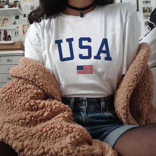Harajuku Summer Women T-shirts Casual USA Flag Printed Tops