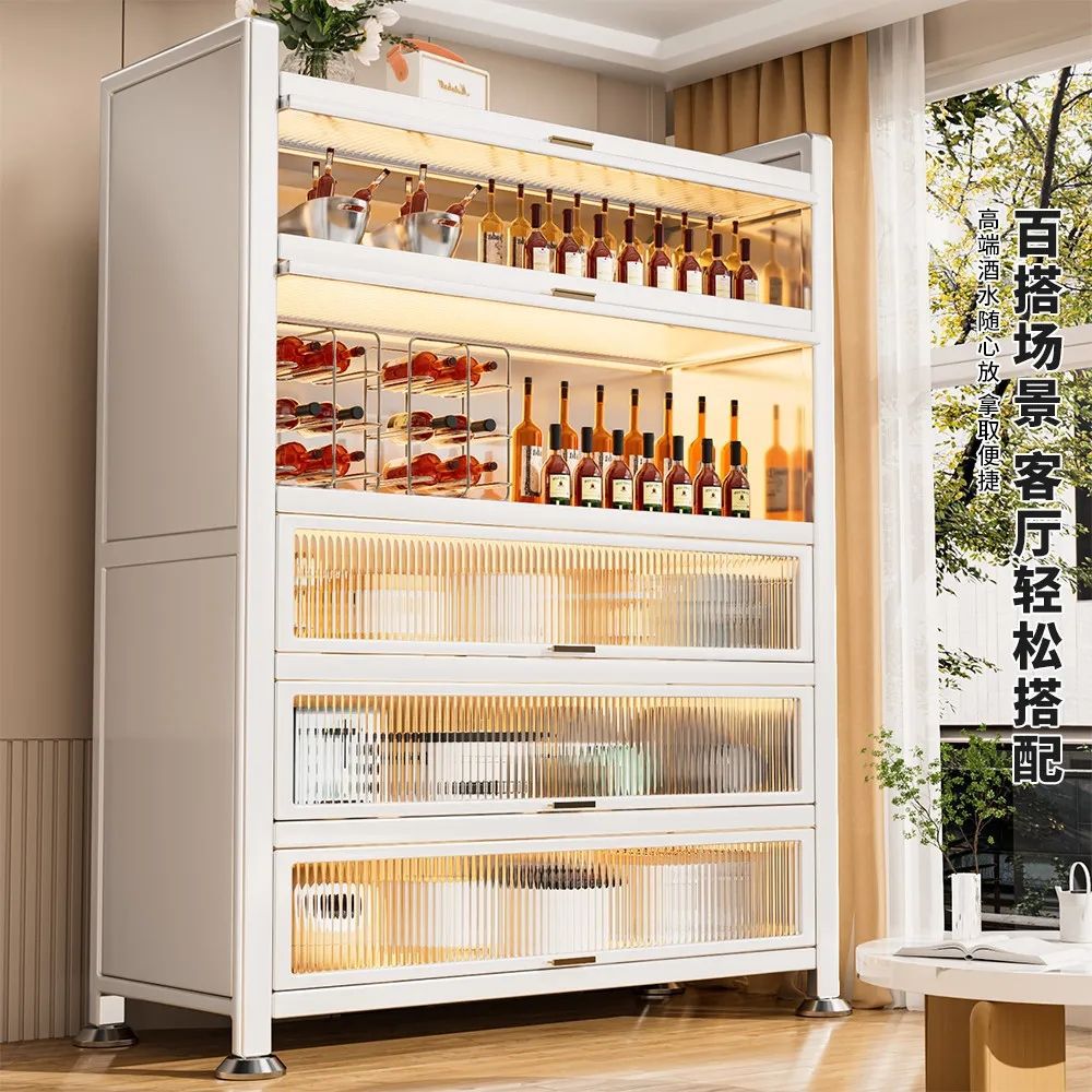 置物架厨房防尘展柜靠墙多层架多功能翻门柜家用餐边柜收纳架