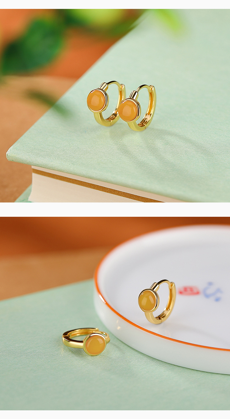 Bông tai kẹp tai nữ bạc S925 mạ vàng đính đá jasper đỏ hình hạt tròn phong cách đơn giản — Kiểu jasper màu bạc chi tiết 8