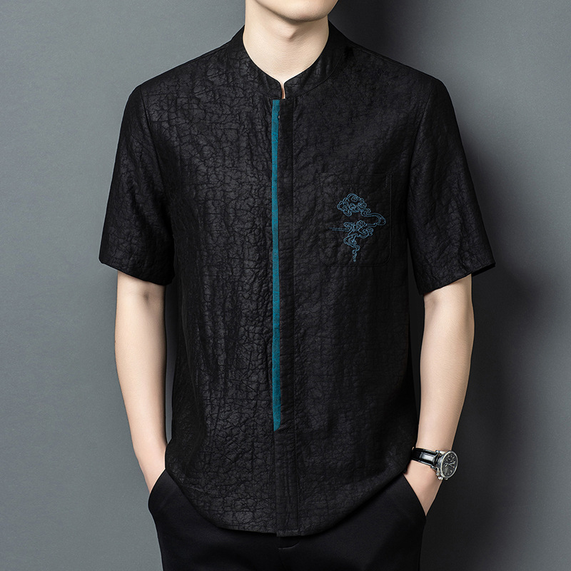 Áo sơ mi ngắn tay nam cổ đứng lụa tơ tằm 100% Mulberry Silk phong cách vintage — Da đen 26638