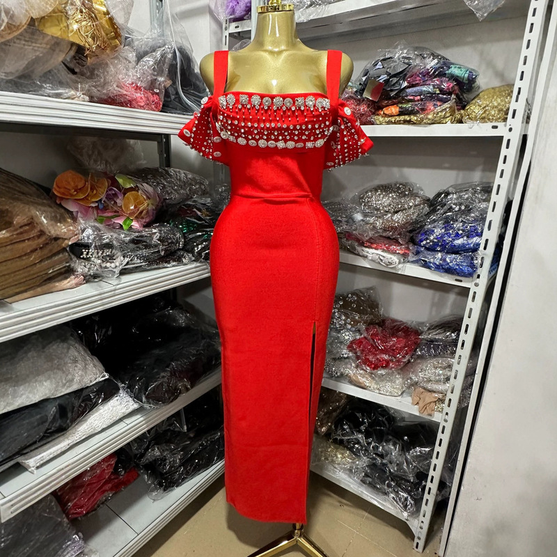New slim-fit bodycon fashion sexy bandage dress with open back, V-neck, strapless, and rhinestone embellishments, evening dress for women, foreign trade New slim-fit bodycon fashion sexy bandage dress with open back, V-neck, strapless, and rhinestone embellishments, evening dress for women, foreign trade