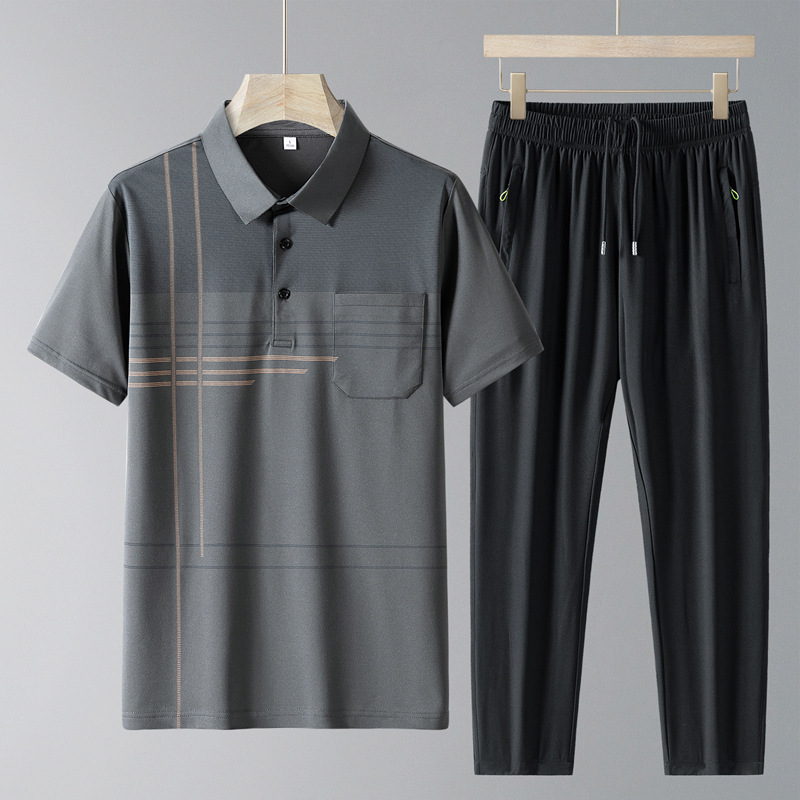 Papá, ropa de verano de hielo, traje deportivo de hombre, pantalones largos de manga corta de verano, ropa deportiva casual de hombre, dos piezas de mediana edad.