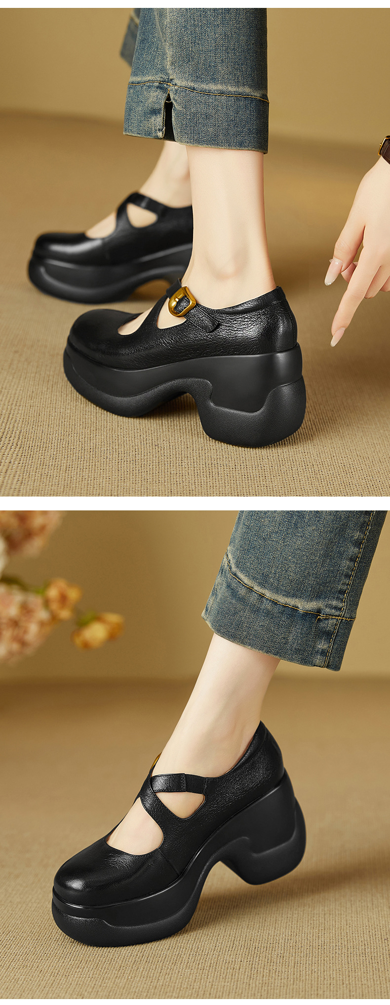 Giày cao gót Mary Jane nữ mũi tròn da cừu khóa chéo gót 9 cm — đen chi tiết 7