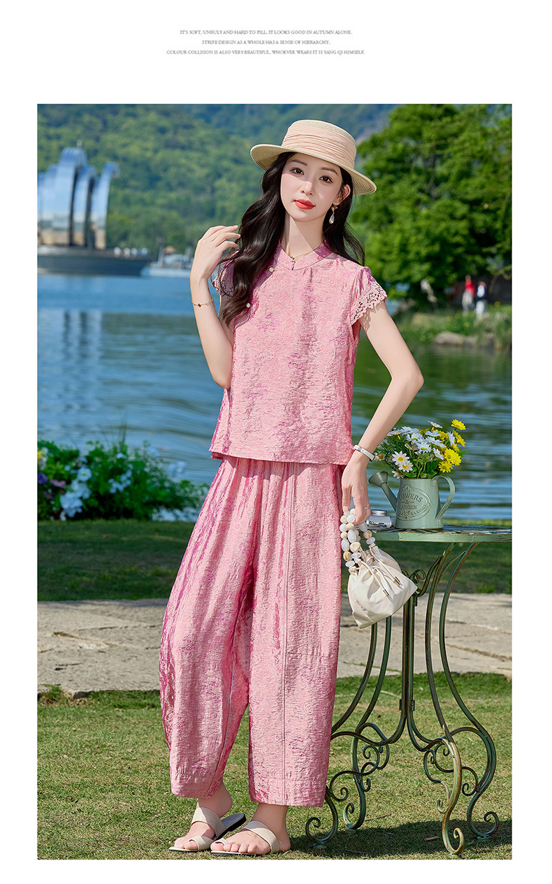 Bộ đầm maxi thắt eo họa tiết hoa nổi cổ điển phong cách Tân Trung Hoa — Hồng chi tiết 16