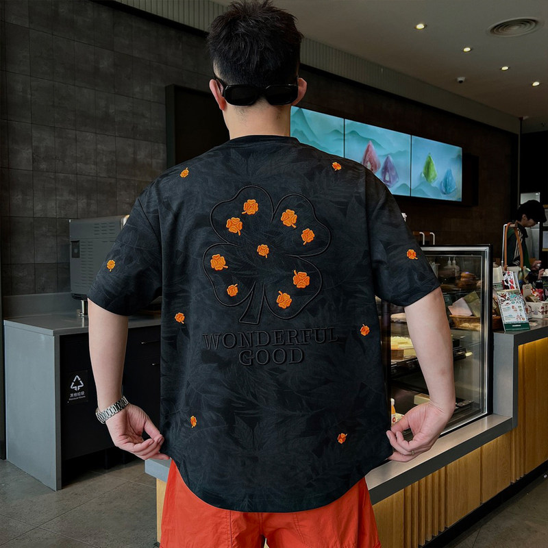 Summer Trendy American Retro Embroidered Four-Leaf Clover Short-Sleeve T-Shirt for Men, Heavyweight Men's Round-Neck Half-Sleeve Top Men's Clothing Summer Trendy American Retro Embroidered Four-Leaf Clover Short-Sleeve T-Shirt for Men, Heavyweight Men's Round-Neck Half-Sleeve Top Men's Clothing