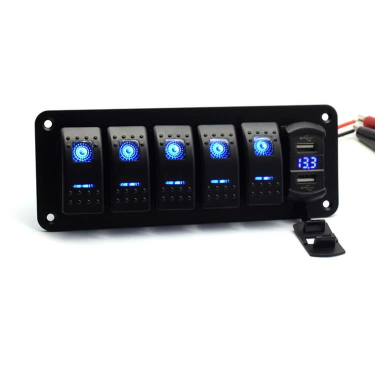Панель комбинированного использования: автомобильное зарядное устройство для автофургонов и лодок с LED-подсветкой, 4.8A, с цифровым дисплеем напряжения и выключателем, для использования в транспортных средствах