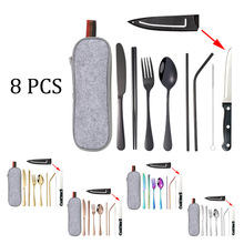 跨境专供创意不锈钢便携餐具牛扒刀勺叉吸管筷子户外旅行便捷套装