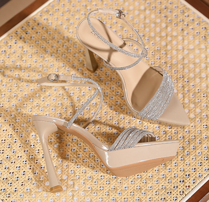 Sandal cao gót nữ mũi nhọn đế platform gót 12 cm quai chéo đính đá — Màu da-12cm chi tiết 9