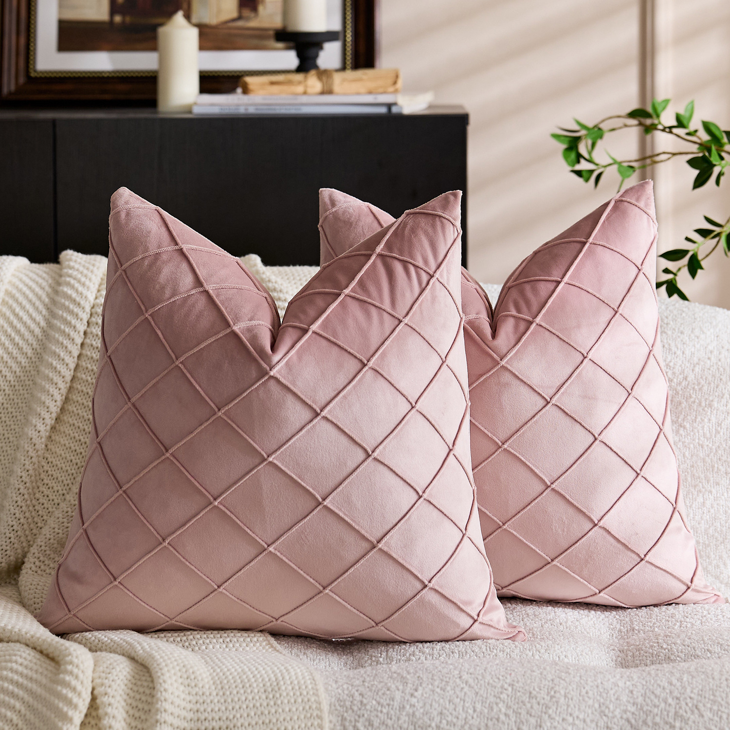 国境を越えた北欧の純色ビロード刺繍の方格子抱き枕カバー