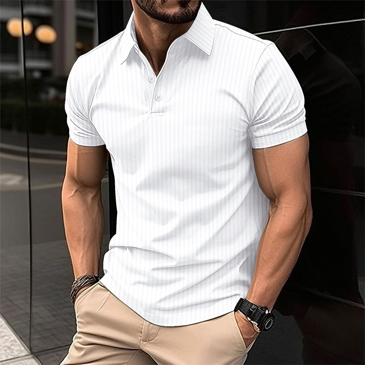Men's Vertical Stripe Polo Shirt Lightweight Breathable Casual Top_voghion.com