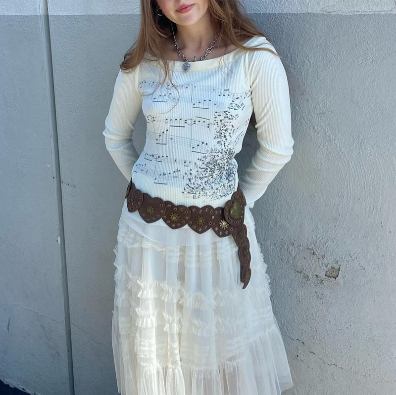欧美圆领复古音谱印花拼接休闲少女感长袖上衣修身显瘦露肩T恤|undefined