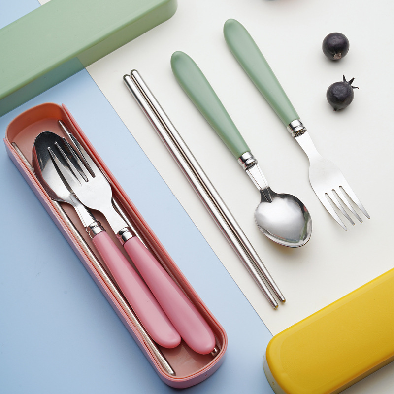 Wholesale outdoor travel portable tableware student canteen plastic handle tableware set stainless steel fork spoon chopsticks three-piece set Wholesale outdoor travel portable tableware student canteen plastic handle tableware set stainless steel fork spoon chopsticks three-piece set