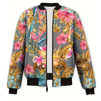 Luxurious Baroque Aviator Jacket for Men and Women, 3D Printed Gold Pattern Floral Jacket, Street Fashion