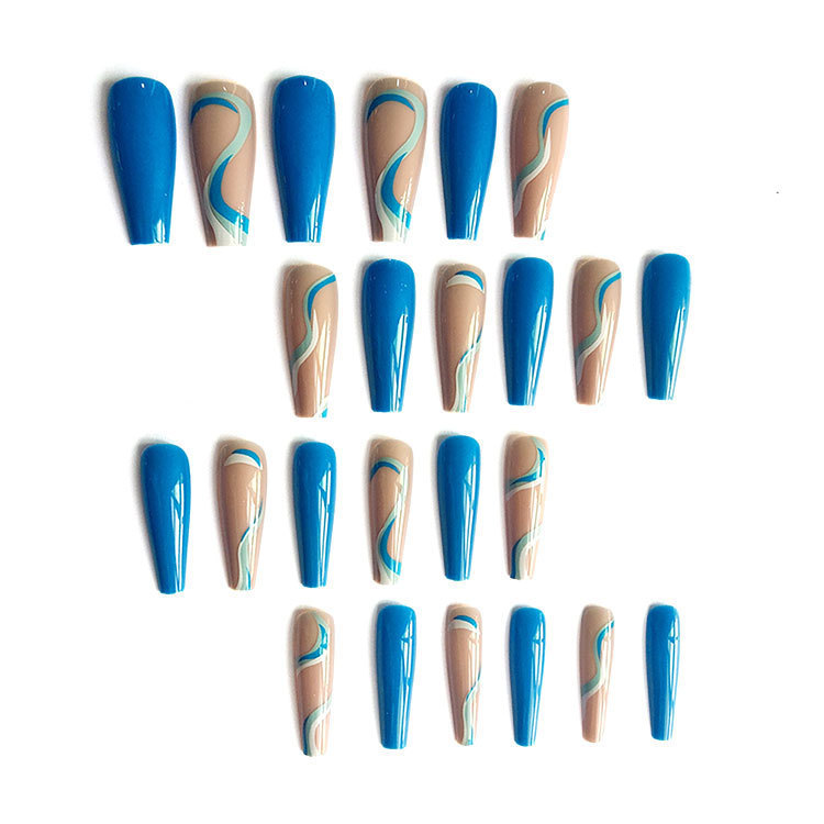 Cross-Border Hot-Selling Blue-Brown Artistic Curve Manicure, Personalized Fashion Style Wearable Nails, 24-Piece Fake Nail Patches
