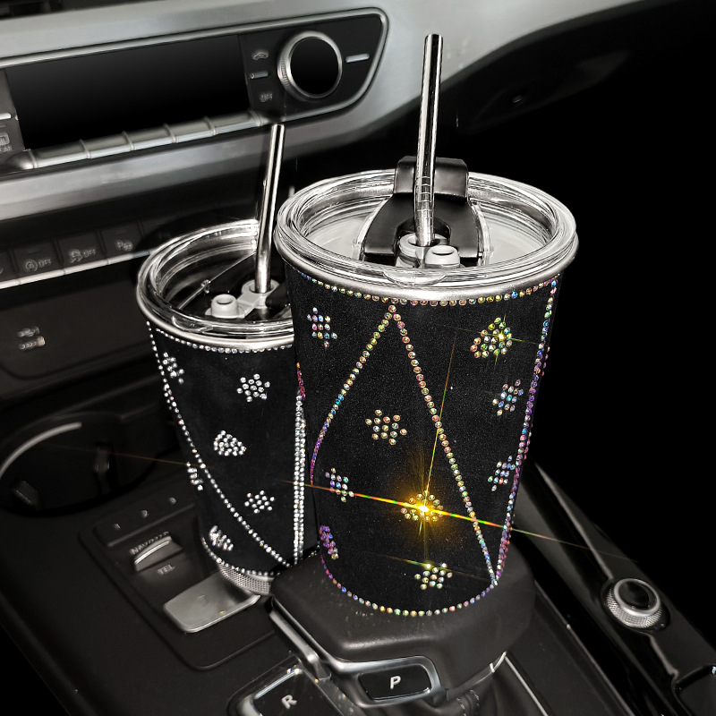 Bling flash rhinestone pegado diamante 550ml taza de bebida incrustada en el diamante taza de café de paja de acero inoxidable recta adelgazamiento