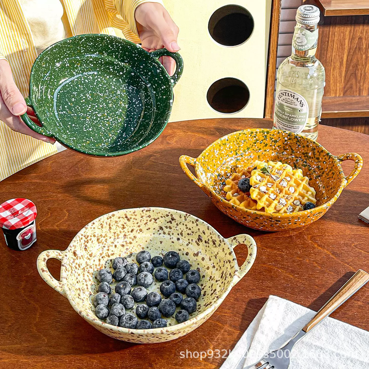 韩国彩色泼墨陶瓷碗复古ins风不规则手捏双耳泡面沙拉汤面螺蛳粉
