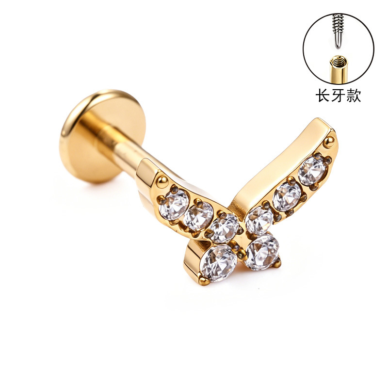 F136 Titanium Alloy Ear Studs – Finely Carved Long Tooth Ear Bone Studs with Zirconia, G23 Titanium Body Piercing Jewelry in Gold detail image 18