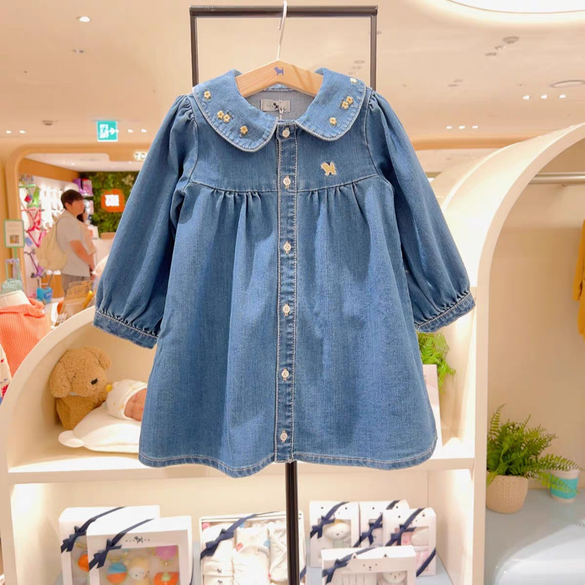New Product Bdog Blue Dog Korean Children's Clothing 2025 Autum Girls Embroidered Doll Collar Flower Denim Dress
