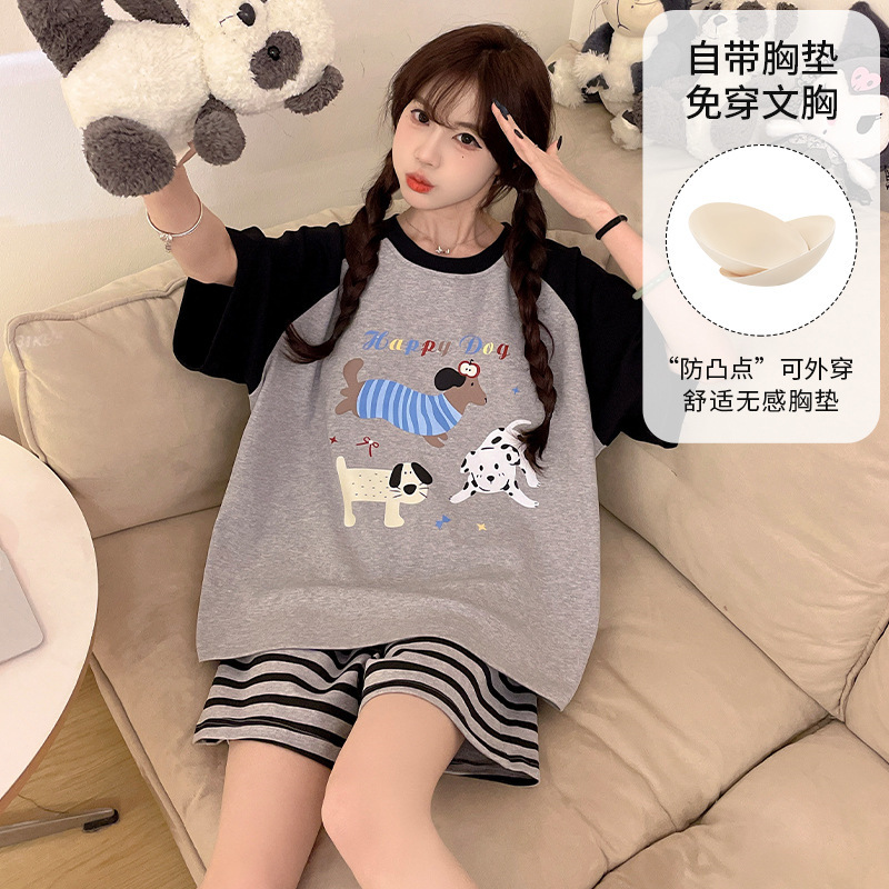 Comes with Chest Pad Two-Piece Set Pajamas Women's Summer Anti-Bump Cartoon Short-Sleeved Shorts Women's Home Wear Outfit