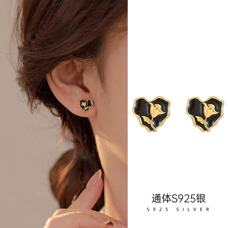 925純銀鬱金香花朵耳釘女小眾設計感復古愛心耳環小香風氣質耳飾