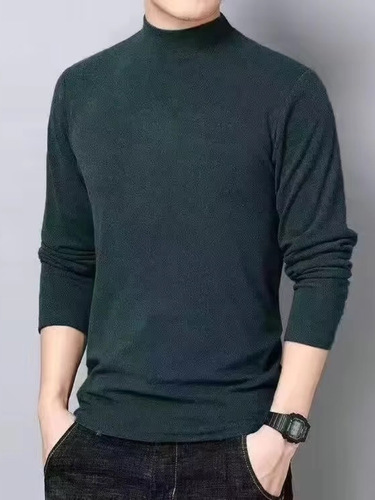 Men's Semi-High Collar Crewneck Base Layer Top, New Autumn/Winter Model for Middle-Aged and Youth, Plus Size Double-Faced Fleece Warm Knit T-Shirt