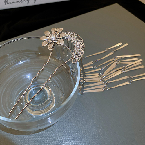 New Chinese style flower pearl tassel hairpin hairpin on the back of the head cold style metal hairpin for women