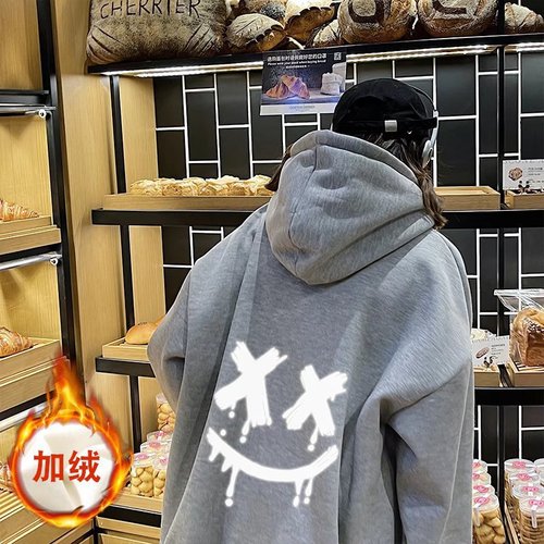 Men's Sweatshirt with Face Print for Autumn/Winter, Hooded, Fleece Lined, Trendy, Ins Style, Loose and Casual, Couple Hoodie Sweatshirt