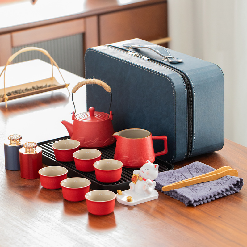 빨간 여행 차 세트 세트 [1 냄비 6 컵 1 차 바다 차 2 캔 1 행운의 고양이 브래킷 플레이트 타월 클립]]
