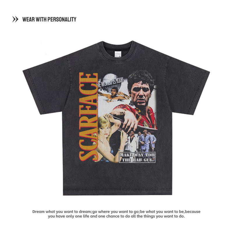 Homage Tees Scarface Retro Movie Print Heavy Direct Spray European and American High Street Long and Short Sleeve T-Shirt for Men Homage Tees Scarface Retro Movie Print Heavy Direct Spray European and American High Street Long and Short Sleeve T-Shirt for Men