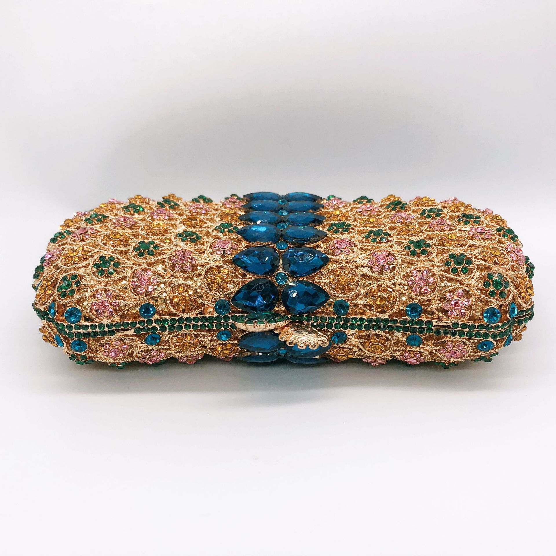 Túi clutch dạ tiệc đính kim cương rỗng kiểu mới — Vàng đáy lỗ màu xanh lá, Nền vàng ngọc xanh lam, Màu đen, Tím Nhiều màu chi tiết 10