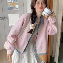 粉色牛仔拼接假两件棒球服外套女春秋新款学院风少女感上衣