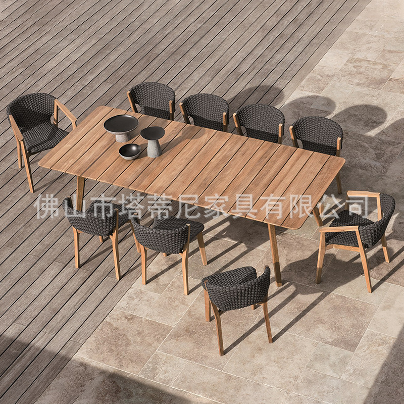 Mesas y sillas de teca para exteriores, muebles de ratán de madera maciza para terraza de jardín, conjunto de mesa y sillas para patio de villa o balcón.