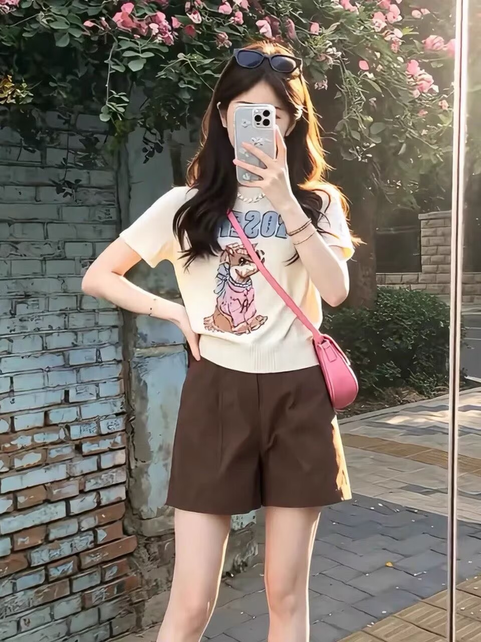 Áo thun nữ cổ tròn tay ngắn họa tiết thêu jacquard phong cách cổ điển — màu trắng