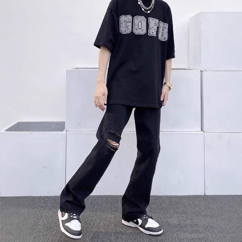 Black Ripped Flared Jeans for Men, American Style Trendy High Street Vibe, Cool and Stylish, Stretchy Straight Fit, Slimming Long Pants Black Ripped Flared Jeans for Men, American Style Trendy High Street Vibe, Cool and Stylish, Stretchy Straight Fit, Slimming Long Pants