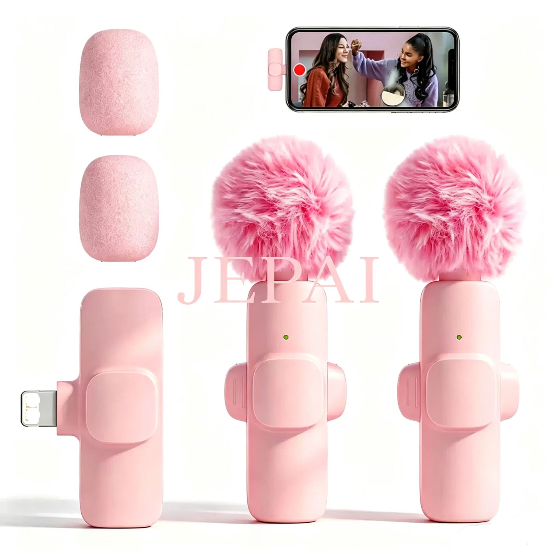 Micrófono de collar inalámbrico K15K9 rosa, un remolque, dos teléfonos celulares blancos, transmisión en vivo, reducción de ruido, micrófono de pelo