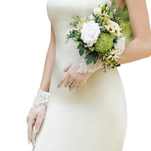 Short thin shiffon lace wedding dress for bride