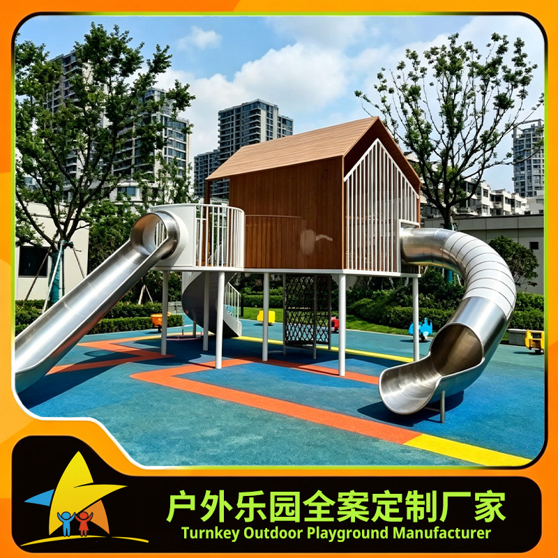 Deslizante de acero inoxidable al aire libre jardín de infantes combinación de niños escalada corredor marco taladro barril gran fábrica de instalaciones de paseos