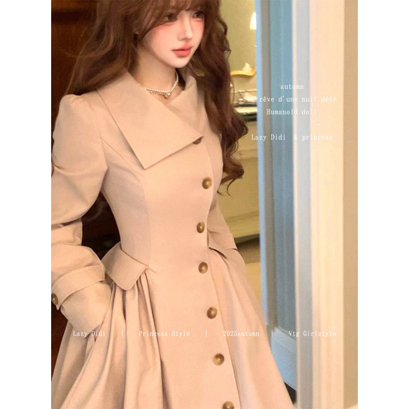 Whiskey-colored, waist-cinching, double-breasted blazer dress, mid-length with a large hem, autumn coat for women