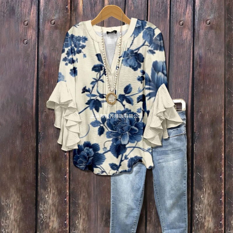 3D New Cross-Border Creative Floral Element Printing Digital Printing Casual Trendyy V Neck Ruffled T-Shirt Women's Clothing