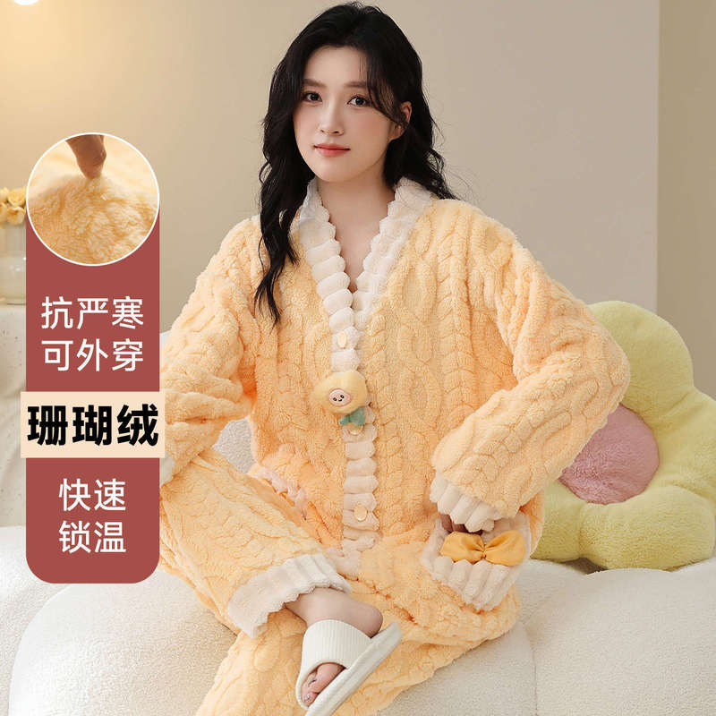 2025 New Winter Pajamas for Women, Coral Velvet Fleece-Lined, Thickeneded Cardigan, Bow Long-Sleeved Two-Piece Set, Cute Home Clothes 2025 New Winter Pajamas for Women, Coral Velvet Fleece-Lined, Thickeneded Cardigan, Bow Long-Sleeved Two-Piece Set, Cute Home Clothes