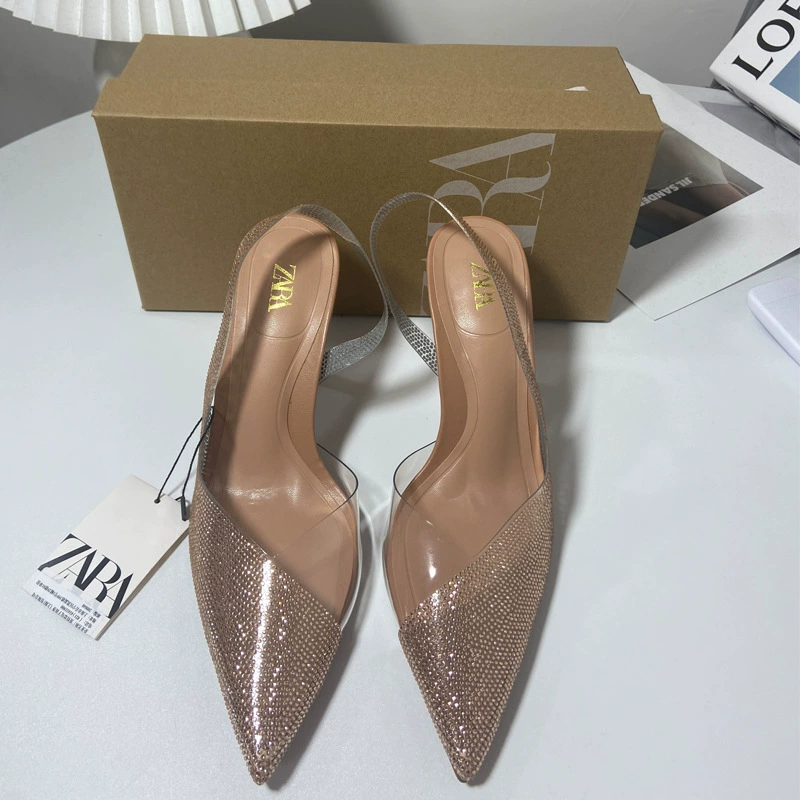 ZA новая 2024 летняя заострённая стрижка с rhinestones high heels feminine shallow mouth, изящная подошва, завязка пояса, sand shoes feminine tide