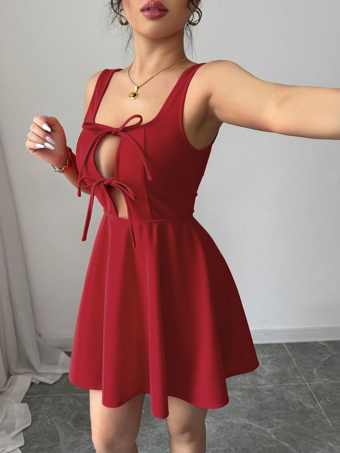 Women Clothing Summer Sexy Square Collar Red Dress A line Slip Dress