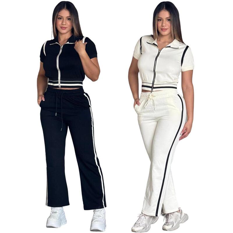 J5251 European and American Cross-Border Set, Autumn Fashion Embroidered Patchwork Ribbed Color-Blocking Loose Casual Pants Set